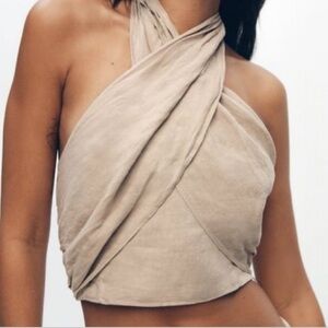 Zara Cross-Halter Linen Crop Top in Beige